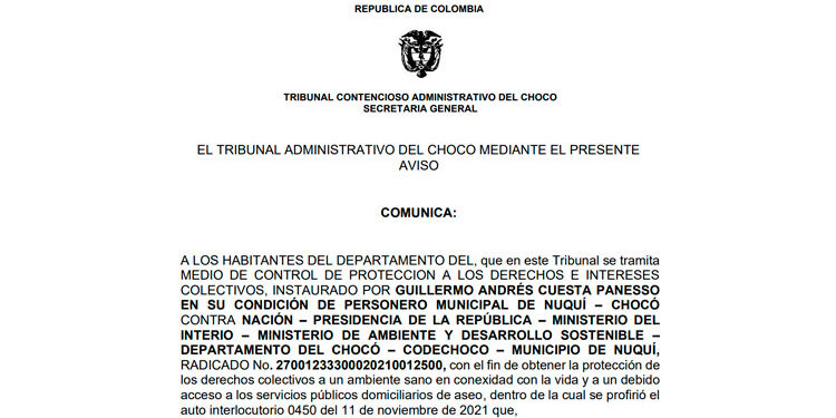 Tribunal Administrativo admite medio de control instaurado por el Personero de Nuquí