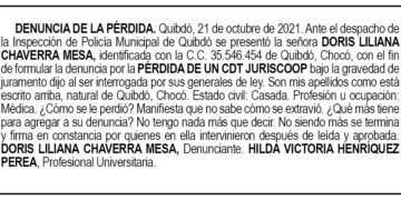 Pérdida CDT. Doris Liliana Chaverra Mesa.