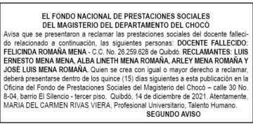 Edicto 2do. aviso Felicinda Romaña Mena