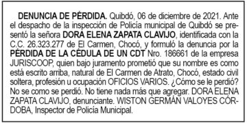 Pérdida CDT. Dora Elena Zapata Clavijo.