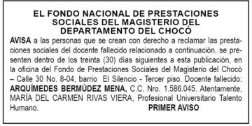 Edicto 1er. aviso Arquímedes Bermúdez Mena