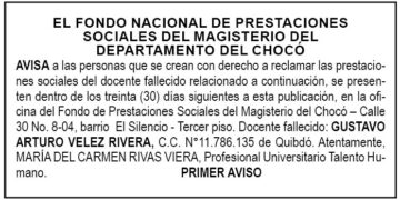 Edicto 1er. aviso Gustavo Arturo Vélez Rivera
