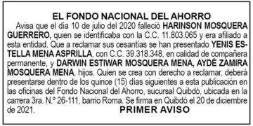 Edicto 1er. aviso Harinson Mosquera Guerrero