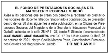 Edicto 1er. aviso José Manuel Arce Mosquera