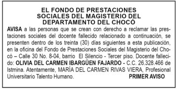 Edicto 1er. aviso Olivia del Carmen Ibargüen Fajardo