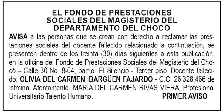 Edicto 1er. aviso Olivia del Carmen Ibargüen Fajardo