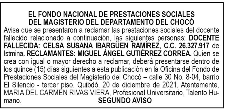 Edicto 2do. aviso Celsa Susana Ibargüen Ramírez