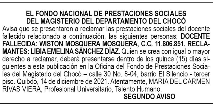 Edicto 2do. aviso Wiston Mosquera Mosquera