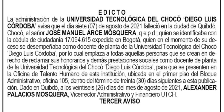 Edicto 3er. aviso José Manuel Arce Mosquera