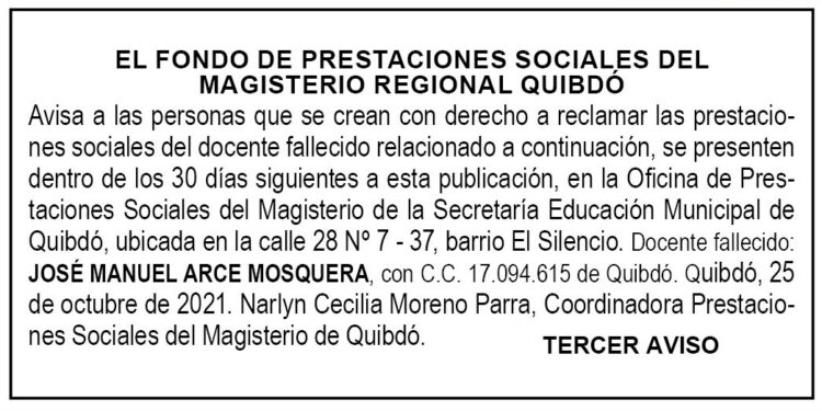 Edicto 3er. aviso José Manuel Arce Mosquera