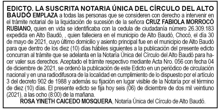 Edicto Cruz Fabiola Morrocó Rubiano