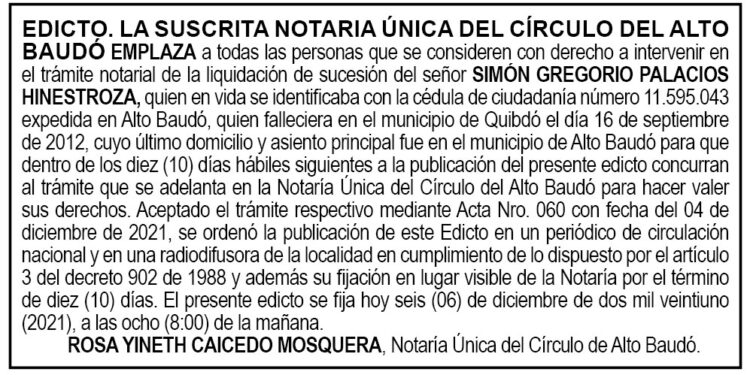 Edicto Simón Gregorio Palacios Hinestroza