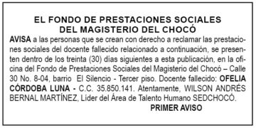 Edicto 1er. aviso Ofelia Córdoba Luna