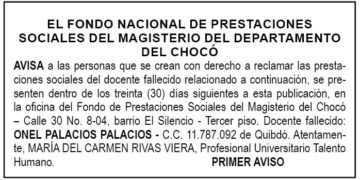 Edicto 1er. aviso Onel Palacios Palacios