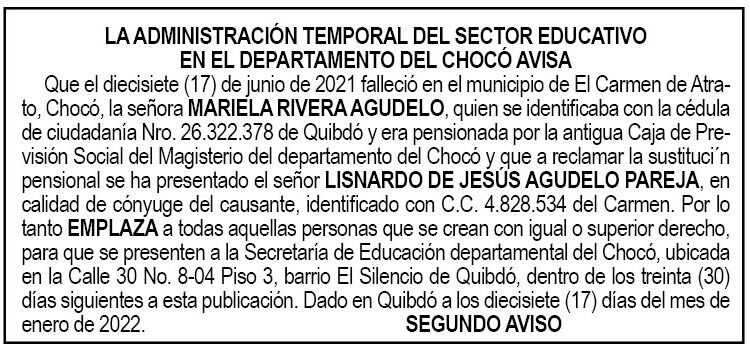 Edicto 2do. aviso Mariela Rivera Agudelo