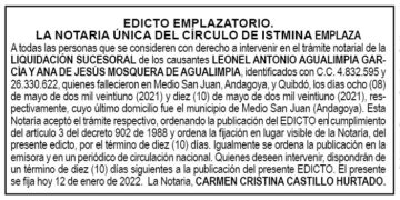 Edicto Leonel Antonio Agualimpia García y Ana de Jesús Mosquera de Agualimpia