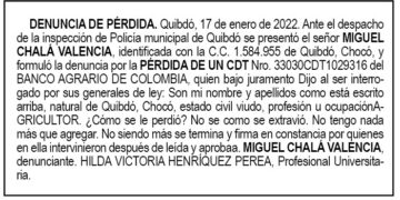 Pérdida CDT. Miguel Chalá Valencia.