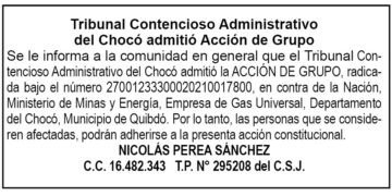 Tribunal Contencioso Administrativo del Chocó admitió Acción de Grupo