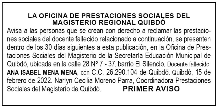 Edicto 1er. aviso Ana Isabel Mena Mena