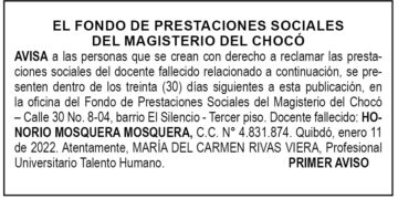Edicto 1er. aviso Honorio Mosquera Mosquera