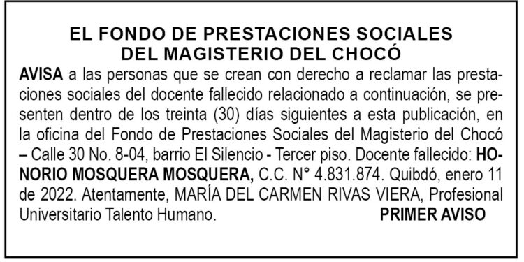 Edicto 1er. aviso Honorio Mosquera Mosquera