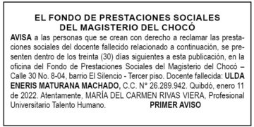 Edicto 1er. aviso Ulda Eneris Maturana Machado