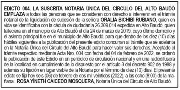 Edicto Oralia Bichibí Rubiano