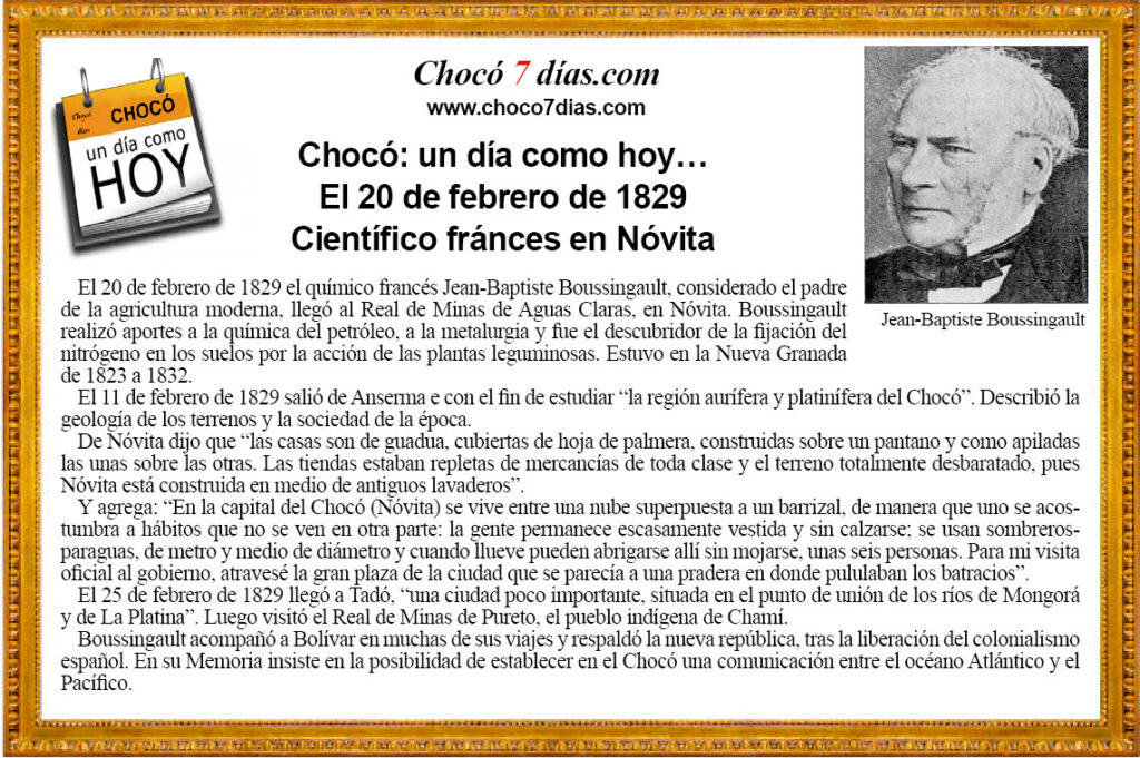 Choc&oacute;: un d&iacute;a como hoy&hellip; El 20 de febrero de 1829 lleg&oacute; un cient&iacute;fico franc&eacute;s a N&oacute;vita.