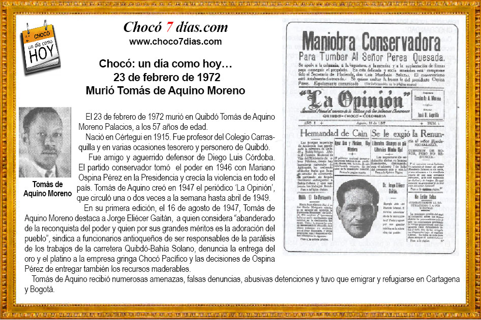 Choc&oacute;: un d&iacute;a como hoy&hellip; 23 de febrero de 1972. Muri&oacute; Tom&aacute;s de Aquino Moreno.