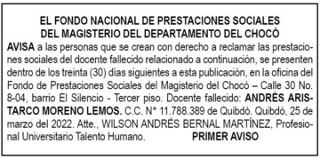 Edicto 1er. aviso Andrés Aristarco Moreno Lemos