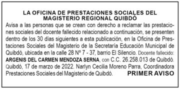Edicto 1er. aviso Argenis del Carmen Mendoza Serna