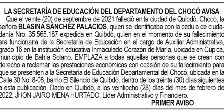 Edicto 1er. aviso Blasina Sánchez Palacios