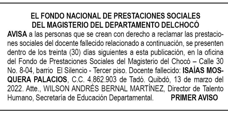 Edicto 1er. aviso Isaías Mosquera Palacios