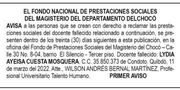 Edicto 1er. aviso Lydia Ayeisa Cuesta Mosquera