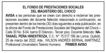 Edicto 1er. aviso Natanael Peña Hinestroza