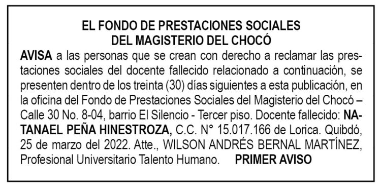 Edicto 1er. aviso Natanael Peña Hinestroza