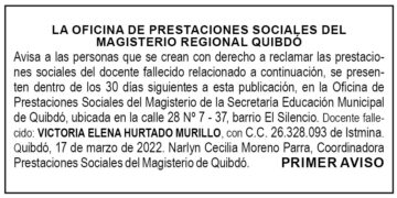 Edicto 1er. aviso Victoria Elena Hurtado Murillo