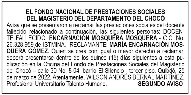 Edicto 2do. aviso Encarnación Mosquera Mosquera
