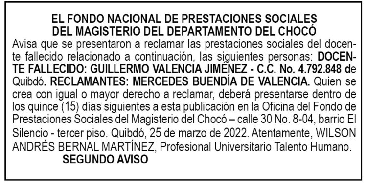 Edicto 2do. aviso Guillermo Valencia Jiménez