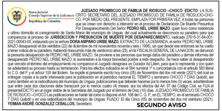 Edicto 2do. aviso. Presunción de muerte por desaparecimiento.