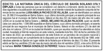 Edicto Luisa Amalia Pacheco de Villalba y Ángel Melanio Villalba Palacios