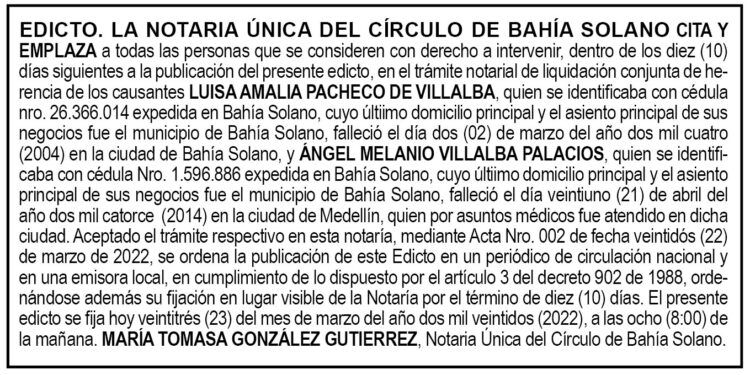 Edicto Luisa Amalia Pacheco de Villalba y Ángel Melanio Villalba Palacios