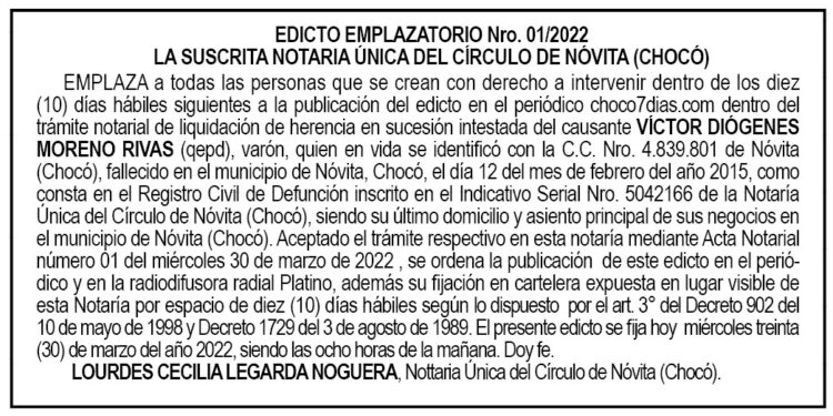 Edicto Víctor Diógenes Moreno Rivas