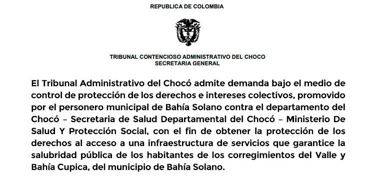 El Tribunal Administrativo del Chocó admite demanda de medio de control promovida por el personero de Bahía Solano