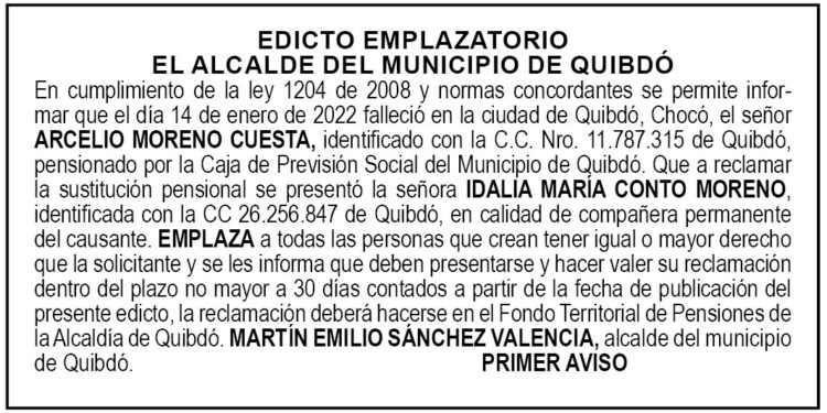 Edicto 1er. aviso Arcelio Moreno Cuesta