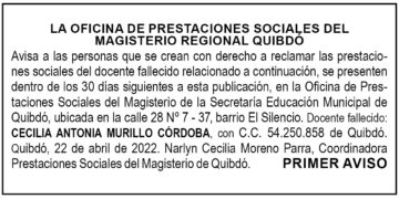 Edicto 1er. aviso Cecilia Antonia Murillo Córdoba