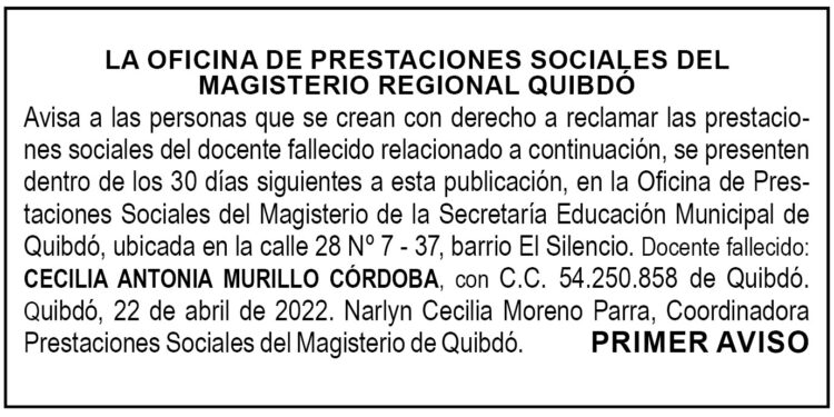 Edicto 1er. aviso Cecilia Antonia Murillo Córdoba