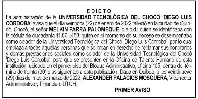 Edicto 1er. aviso Melkin Parra Palomeque