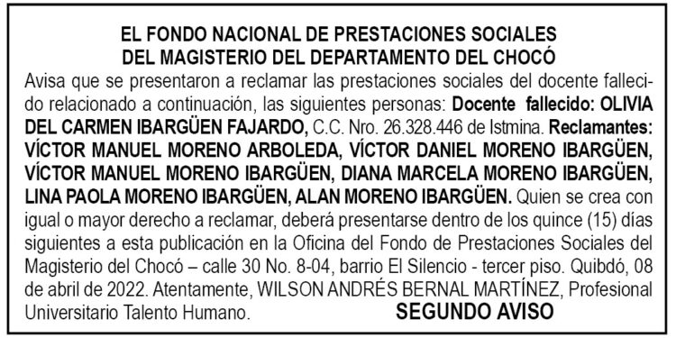 Edicto 2do. aviso Olivia del Carmen Ibargüen Fajardo