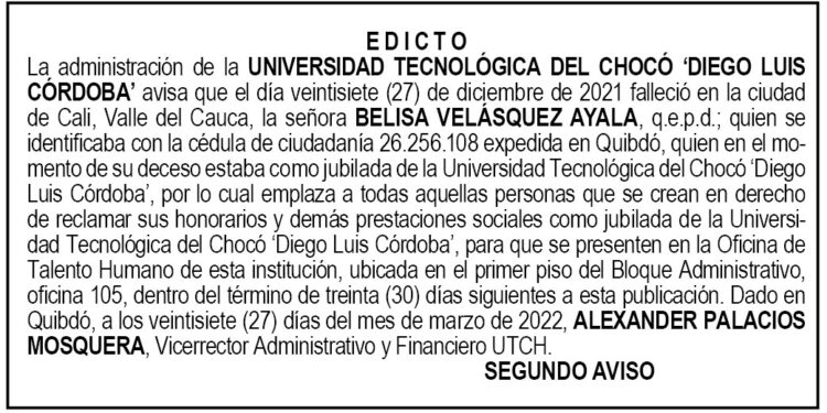 Edicto 2do. aviso Belisa Velásquez Ayala
